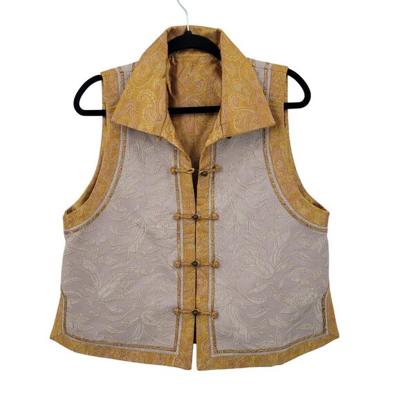 Vtg 80s Silk Embroidered Paisley Vest Sz M Gold Demask Medieval Renaissance - Picture 1 of 11
